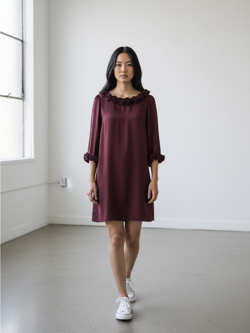 Twelve Couture Burgundy Red Silk Swing Trapeze Short Mini Dress Size Small